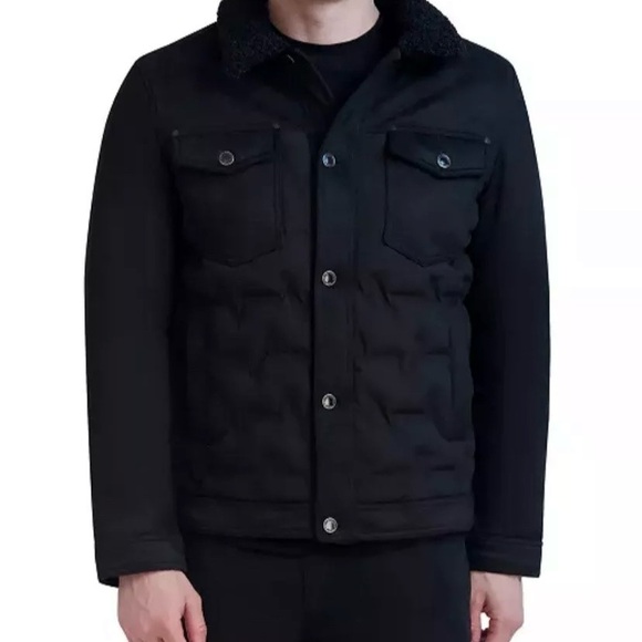 Karl Lagerfeld Black Sherpa Shearling Collar Trucker Jacket Size LG
